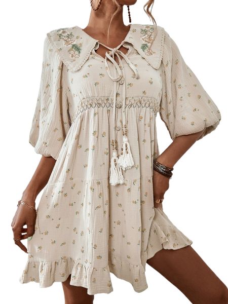 

ditsy floral fringe tie front button ruffle hem dress s4wf#, Black;gray