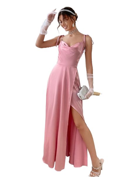 

draped tie shoulder split thigh satin cami dress n5lu#, Black;gray