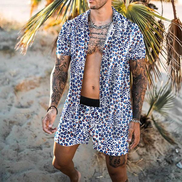 Tute da uomo Tuta da uomo Moda Camicie da uomo Set Streetwear Stampa leopardata Manica corta Camicia con risvolto Pantaloncini da spiaggia Abiti hawaiani 2