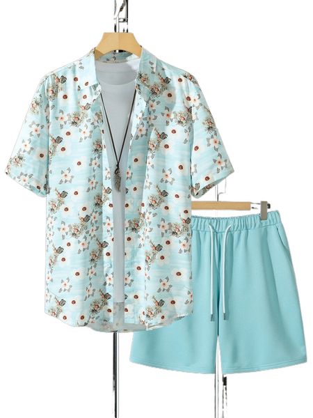 

men random floral print shirt & drawstring waist shorts without tee 18dm#, Gray