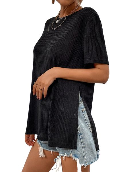 

ribbed knit split hem tee y87y#, White