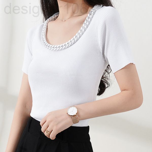 

women's t-shirt designer []summer korean version of xiaoxiangfeng chain mesh t-shirt ins white thin short sleeve knitted women k4ii