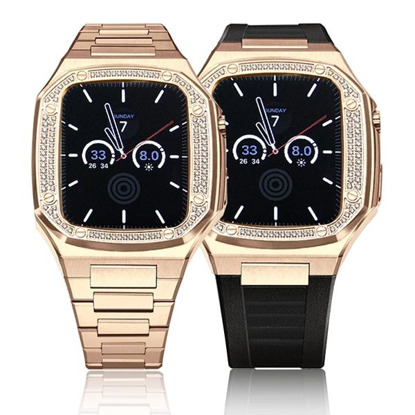 Caixa dourada luxuosa modificação alças de banda de metal nobre para pulseiras de relógio de maçã 41mm 44mm pulseira de aço inoxidável 2 em 1 Correa iWatch band 45mm SE 7 6 5 4