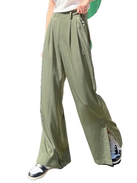 

dazy plicated detail split hem wide leg pants r2vi#, Black;white