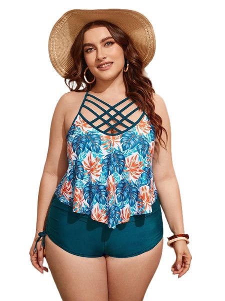 

plus tropical print crisscross bikini swimsuit n9pc#, White;black