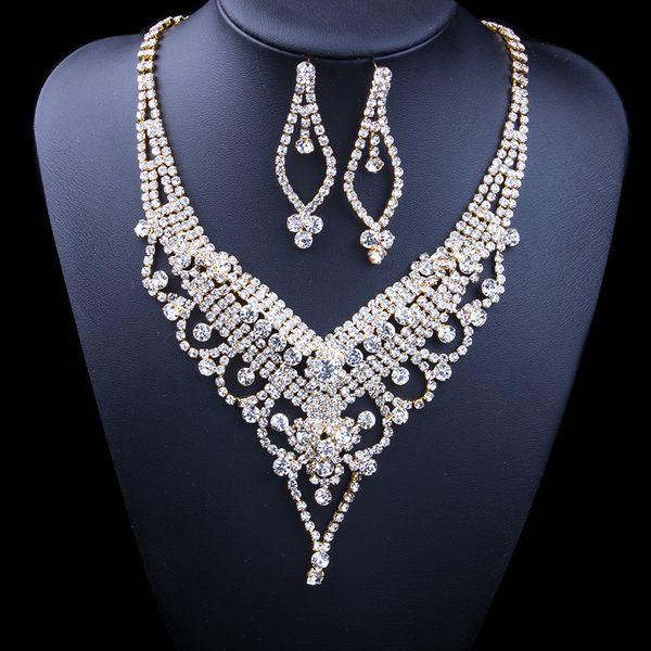 

chain bridal necklace set diamond inlaid fashion earrings, Silver