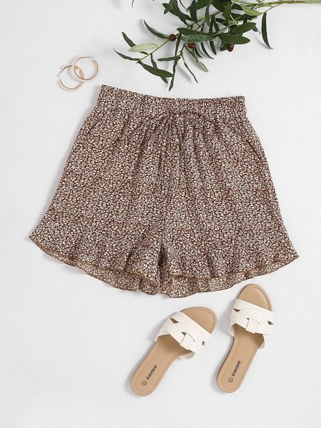 

ditsy floral tie front ruffle hem shorts 71se#, White;black