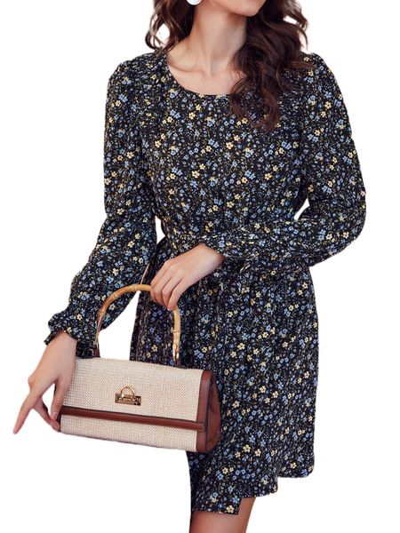 

ditsy floral bell sleeve dress 69k9#, Black;gray