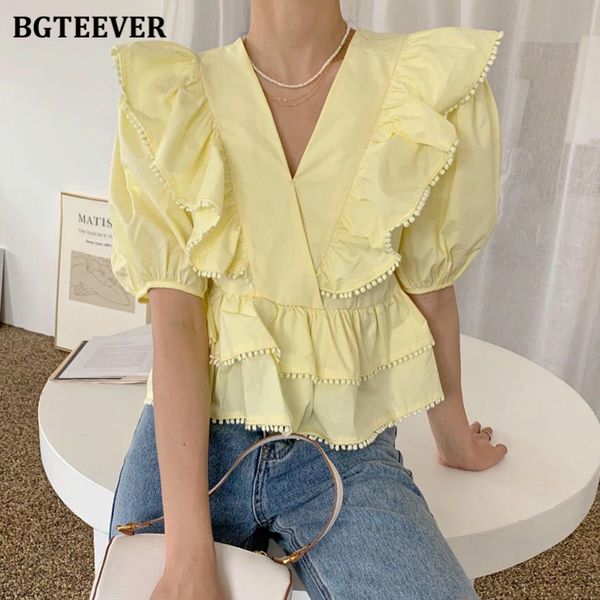 

chic v-neck ruffles women solid shirts blouses elegant puff sleeve loose female pullovers 2021 summer ladies, White