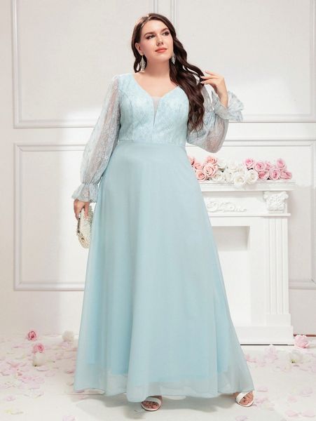 

plus mesh insert contrast lace flounce sleeve chiffon prom dress k6ci#, Black