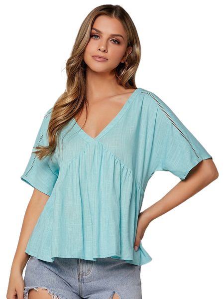 

hollow out batwing sleeve blouse n7c8#, White