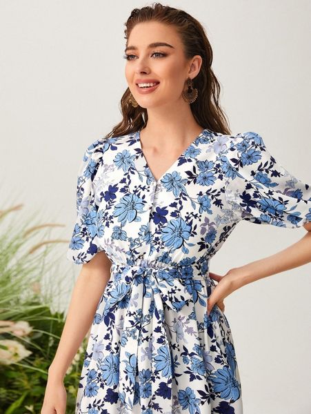 

floral puff sleeve belted dress r32x#, Black;gray