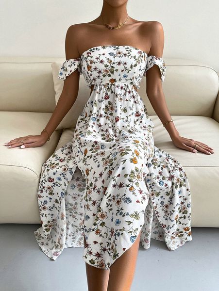 

floral off shoulder shirred back split thigh dress e12r#, Black;gray