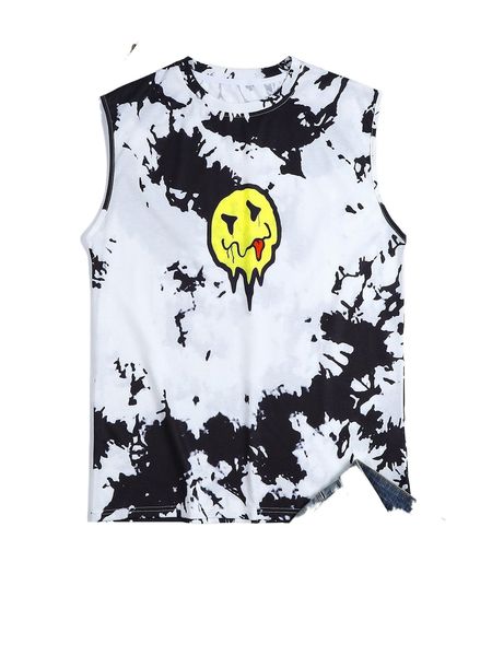 

men cartoon face print tie dye tank c4fi#, White;black