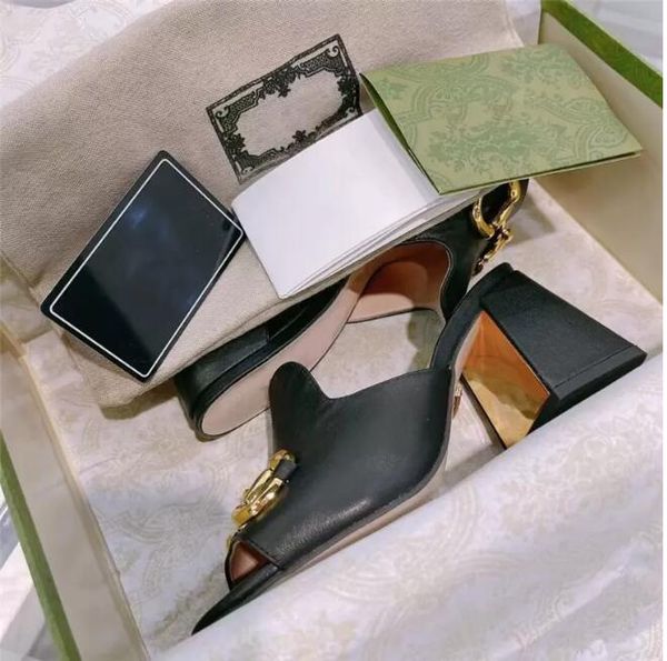 

2022 designer women high heels sandals fashion square toe slippers horsebit gold- toned slides party wedding pumps with box, Black