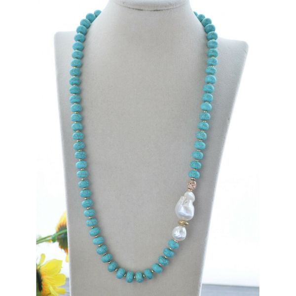 

25&quot 24mm baroque white keshi pearl rondelle turquoise cz beads necklace, Silver