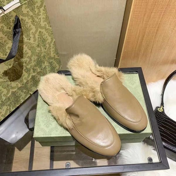 

women designers rabbit hair slippers womens winter to keep warm plush slipper cowhide velvet wool slides wholesale hmy, Black