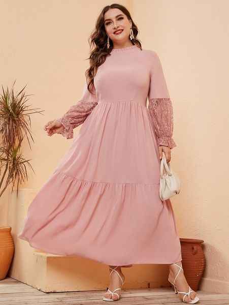 

plus contrast lace flounce sleeve ruffle hem dress l9f2#, Black