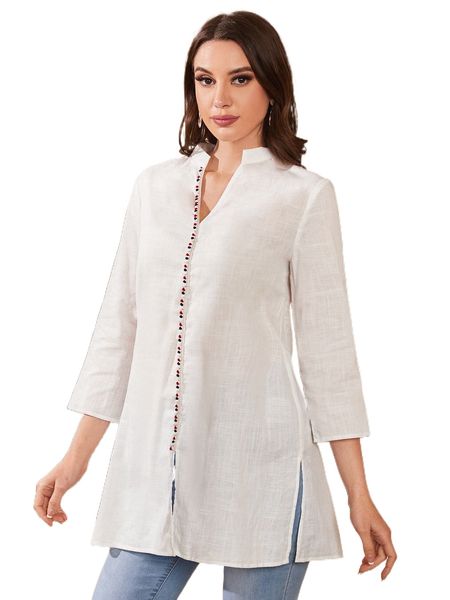 

mock neck pom pom slit hem longline blouse l2c2#, White