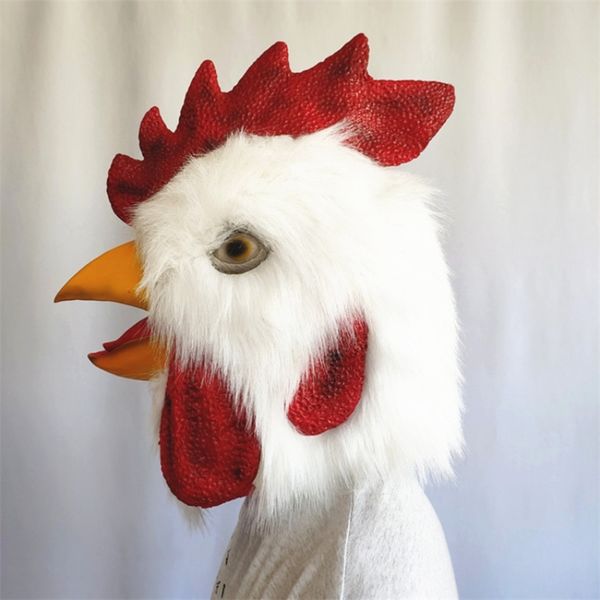 Copricapo di gallo di peluche bianco Maschera in lattice Faccia intera Testa di pollo Animale divertente Vestire Prom Maschere per feste di Halloween Cosplay 220812