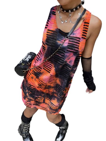 

tie dye ripped tank dress z2an#, Black;gray