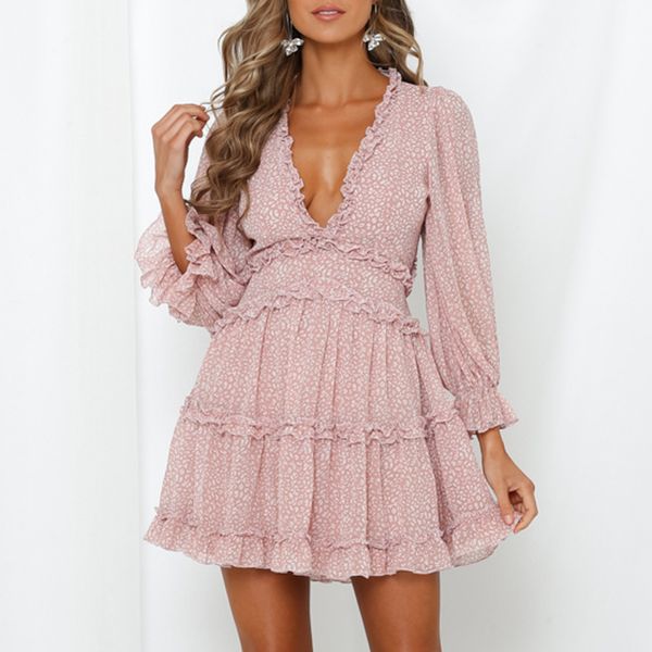 

romantic print chiffon mini holiday womens back cut out beach party frill robe skater dress for lady y200805, Black;pink