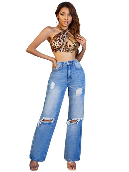 

high waist bleach wash ripped frayed straight leg jeans n4pe#, Blue