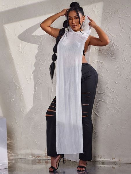 

sxy open side rib-knit longline hooded z32k#, White