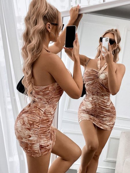 

marble print ruched tie backless halter bodycon dress k9ef#, Black;gray