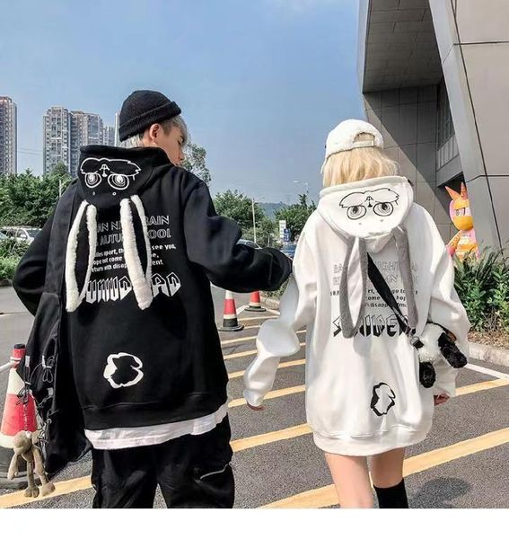 

couple's fashion niche design sense rabbit ear hoodie men's and women's fashion loose jacket, Black
