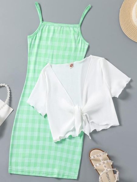 

girls tie front & plaid cami dress she, White