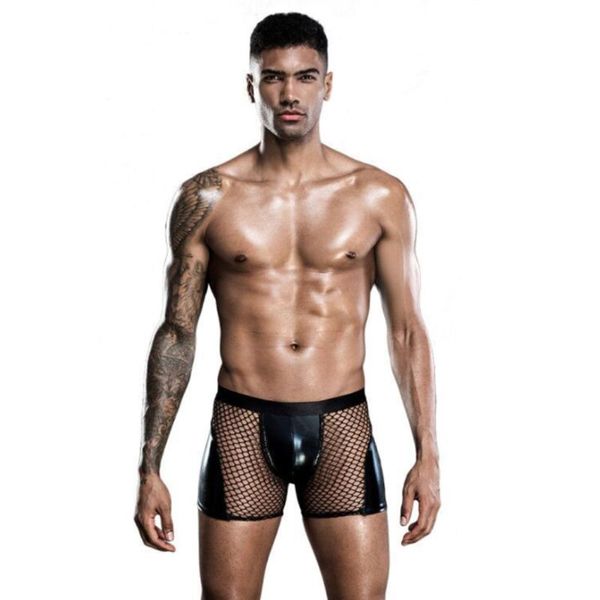 Cueca roupa íntima masculina lingerie de renda de renda boxer shorts de couro acabar com calcinha erótica de calcinha erótica