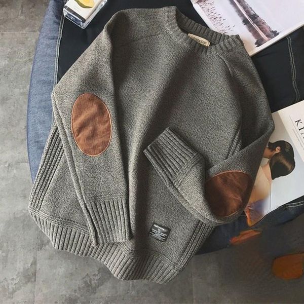 Maglioni da uomo Maglione pullover vintage Maglione girocollo da uomo alla moda con toppe in lana da college con giunture a contrasto