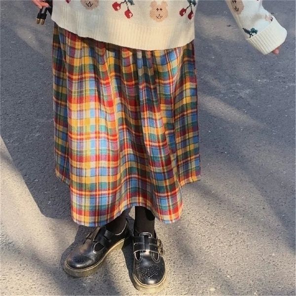 Japanische Regenbogen Hohe Taille A-Line Wolle Plaid Rock Weibliche Studenten Adrette Wilden Midi Frauen Herbst Lange 220322