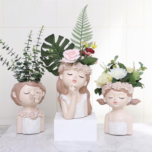 Plantadores potes resina bonito menina estátua flor pote insiga jardim vaso cabeça decoração home