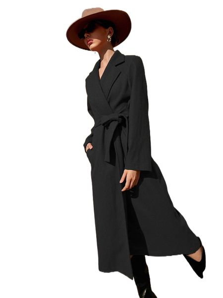 

slant pockets lapel neck belted overcoat e9gd#, Black