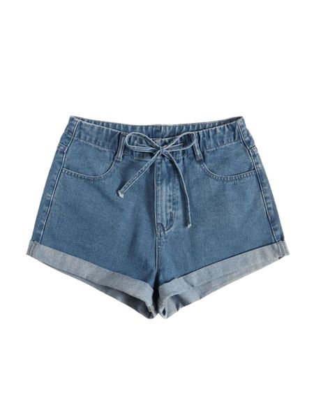 

drawstring waist roll hem denim shorts g88g#, White;black