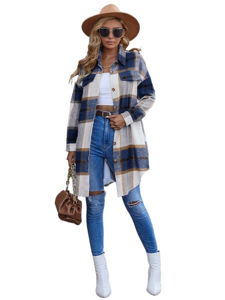 

plaid print drop shoulder overcoat u8hv#, Black