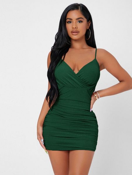 

petite surplice neck ruched mesh bodycon dress k3ai#, Black;gray