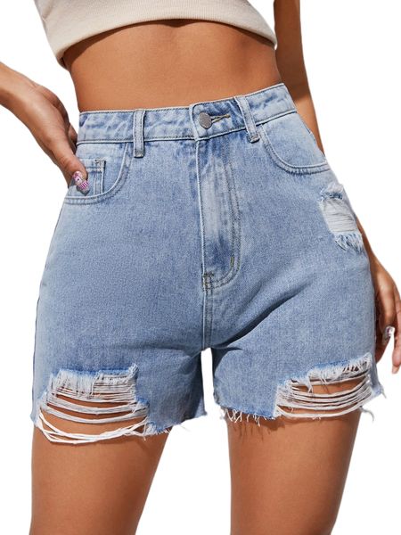 

high waist ripped frayed hem denim shorts 41q6#, White;black
