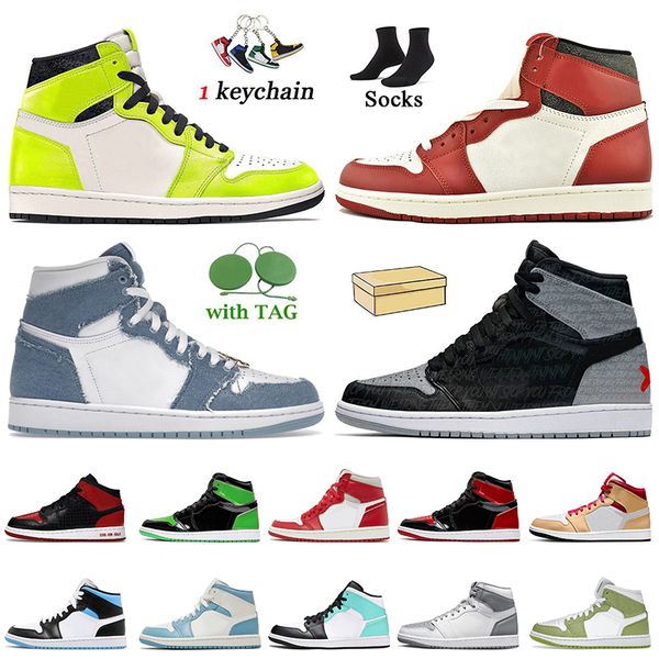

authenic patent bred junpman 1 denim 1s high basketball shoes fashion retro newstalgia chenille women mens trainers visionaire rebellionaire, White;red