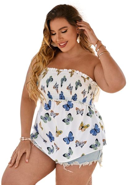 

plus butterfly print frill trim shirred tube i2sz#, Black