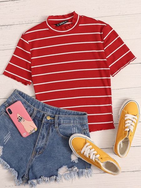 

lettuce trim rib-knit striped c0bm#, White