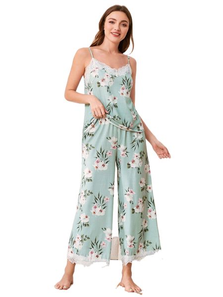 

floral print contrast lace cami & pants pj set x6ua#, Black;red