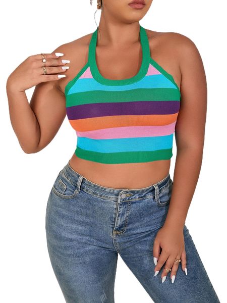 

plus block striped pattern backless halter knit a417#, Black