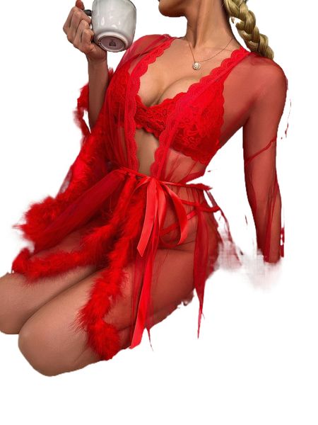 

contrast fur sheer belted robe x2km#, Black;red