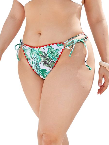 

plus tropical print whipstitch knot side bikini bottom 69ay#, Black