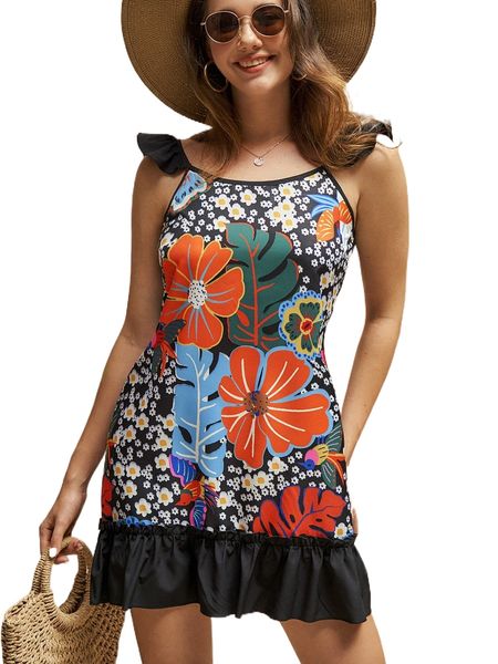 

floral print ruffle trim dress w2rz#, Black;gray