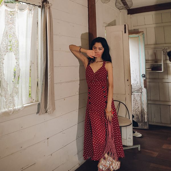 

red polka dot dress women summer v-neck holiday halter belt, Black;gray