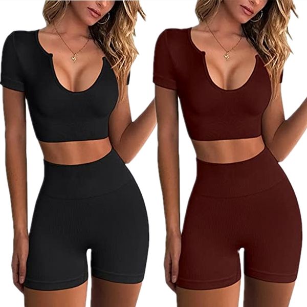 

seamless yoga 2 piece outfit ribbed short sleeve booty shorts for women high waist workout crop tank gym stretchy short legging running shi, White;red